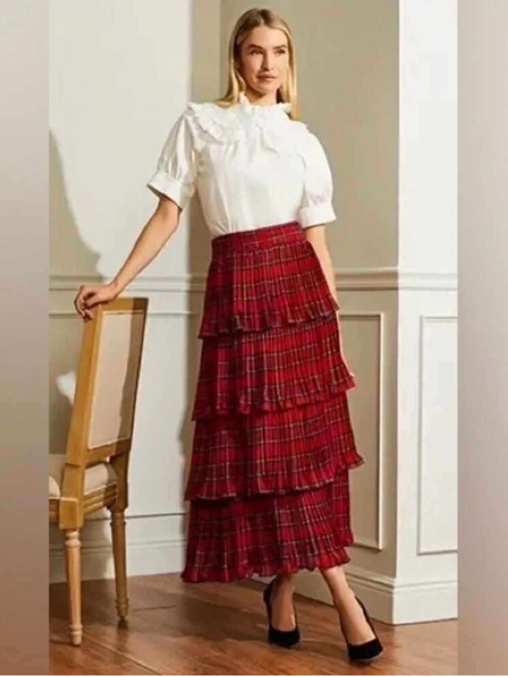 Antonio Melani Katrina Tartan Plaid Layered Ruffled Red Black Holiday Skirt 6 - Picture 2 of 16
